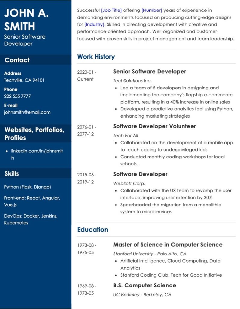 Senior Software Developer Resume Template - FriendlyWorkflow