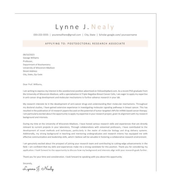 Postdoctoral Research Associate Application Email Templates